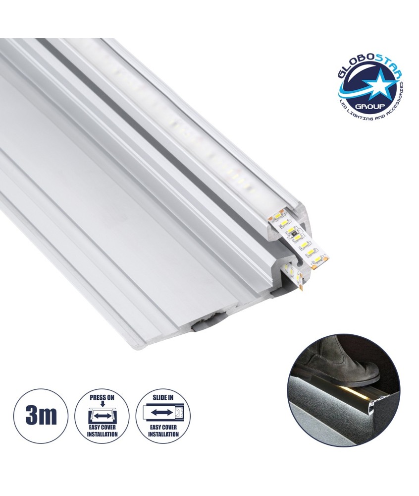 GloboStar® STAIR-PROFILE 70842-3M Προφίλ Αλουμινίου - Βάση & Ψύκτρα Ταινίας LED με Λευκό Γαλακτερό Κάλυμμα - Χρήση σε Σκαλοπάτια - Πατητό Κάλυμμα - Ασημί - 3 Μέτρα - Μ300 x Π8 x Υ3.2cm